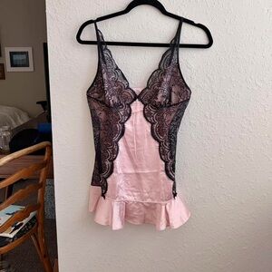 NK imode pink satin and black lace intimates mini dress